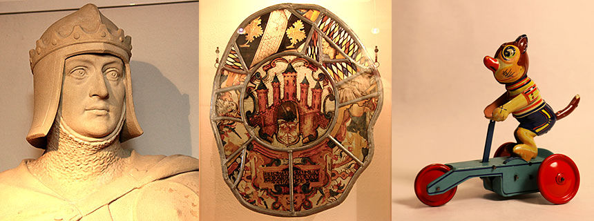 home-top1 drei Einzelbilder: Figur, bunte Glasscheibe, Spielzeug