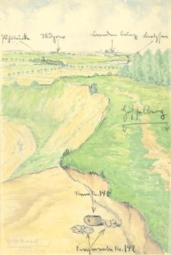 Landschaft mit Auffindungsort Urnengrab am Hasselberg, Herta Bielefeld und Beschriftung Lucie Bielefeld (Digitalisat: Stadtmuseum Brandenburg an der Havel)