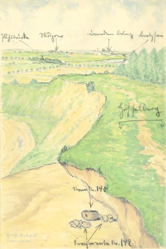 Landschaft mit Auffindungsort Urnengrab am Hasselberg, Herta Bielefeld und Beschriftung Lucie Bielefeld (Digitalisat: Stadtmuseum Brandenburg an der Havel)