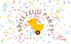 Eine Spielzeug-Ente wird vom Titel Spielzeug-Party in einer Rundung umrahmt. Überall ist Konfetti.