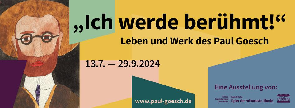 Selbstbildnis Paul Goesch mit Bart, Brille, Hut, daneben Infos zur Ausstellung: Titel, Dauer, Ort