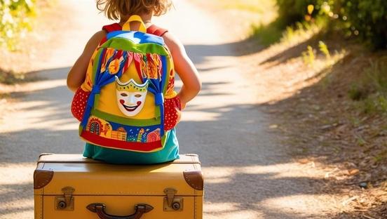 Ein Kind mit einem bunten Rucksack sitzt auf einem Koffer auf einem Waldweg
