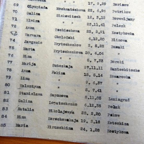 Auszug aus der Liste der getöteten Zwangsarbeiter aus dem Lager am QuenzBestand Stadtmuseum Brandenburg an der Havel