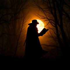 Ein Mann mit Umhang und mit einem großen aufgeschlagenen Buch in der Hand steht vor dem Vollmond auf einer Lichtung.