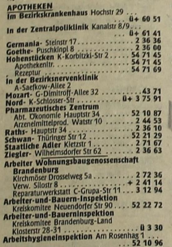 Auszug aus dem Telefonbuch 1989: Apotheken(Foto: Stadtmuseum Brandenburg an der Havel)