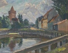 Gemälde mit der heute nicht mehr vorhandenen Kesselschleuse des Stadtkanals, im Hintergrund ist der Steintorturm erkennbar.