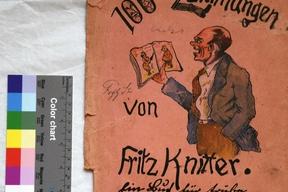 Deckblatt "100 Zeichnungen": Fritz Knitter zeichnet sich selber als Mann mit Stirnglatze und einem Zeichenblock in der Hand