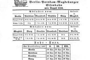 Erster Eisenbahnfahrplan der Linie zwischen Magdeburg, Brandenburg und Berlin