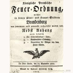 Deckblatt der Feuerordnung von 1772 in der Fassung von 1802 aus unserer Sammlung (Foto: Stadtmuseum Brandenburg an der Havel)