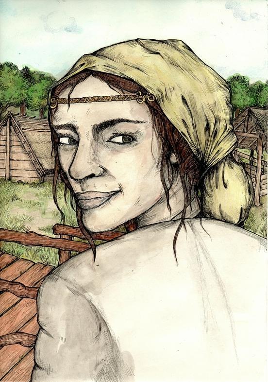 Zeichnung einer jungen Frau, die über ihre Schulter nach hinten blickt. Im Hintergrund sind Blockhäuser aus Holz dargestellt.