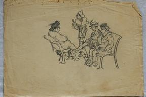 Karriaktur von vier Frauen in Kleidung der 1930er Jahre, auf Stühlen sitzend, mit ihren Hunden (ein Wartezimmer?)