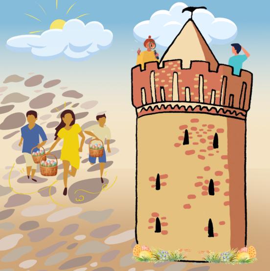 Illustration zur Ostereierjagd mit Steintorturm und rennenden Kindern mit Osterkörben