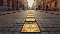 Eine Straße mit Stolpersteinen hintereinander aufgereiht. (KI generiert)