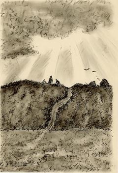 Im Gegenlicht der Sonne ist ein steiler Hügel erkennbar, auf dessen Kuppe mehrere Menschen arbeiten. Wolken und Sonnenstrahlen ergänzen die Ansicht.