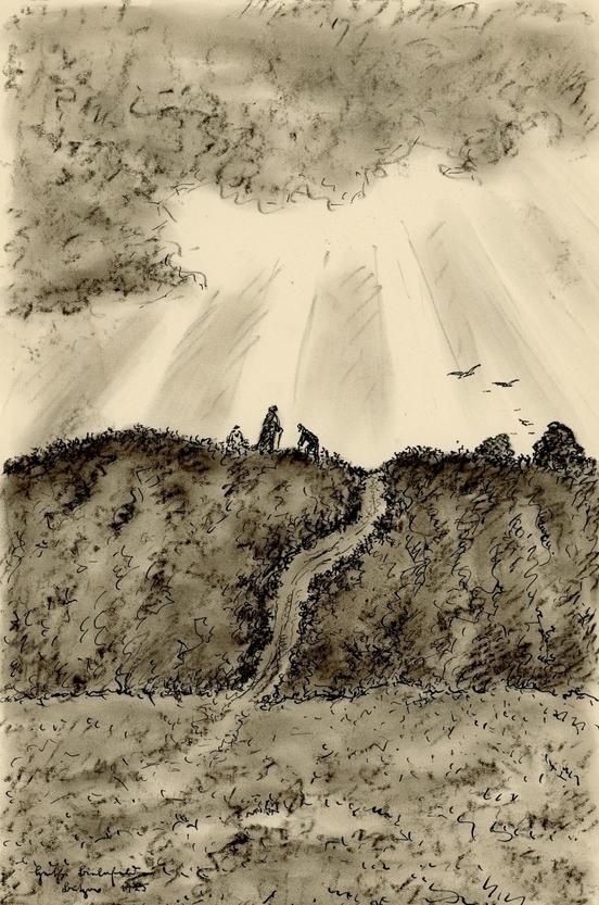 Schwarz-weiß-Zeichnung: Im Gegenlicht sind drei Gestalten auf einem Hügel mit Spaten dargestellt. Eine trägt einen langen Rock: Maria Bielefeld.