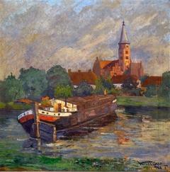 Gemälde mit einem Schiff, das auf der Niederhavel wendet, im Hintergrund ist der Dom von Brandenburg zu sehen.
