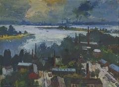 Gemälde mit einem Blick vom Wasserturm in Kirchmöser über die Wasserflächen bis hin zur Stadt Brandenburg im Bildhintergrund.